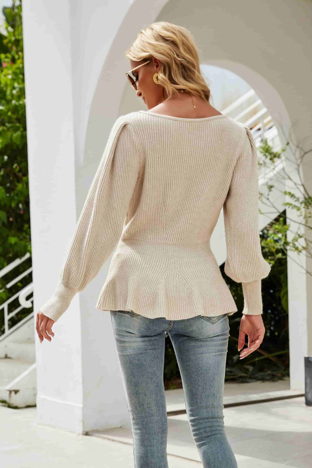Ribbed Round Neck Lantern Sleeve Sweater-VMA Specialties Boutique