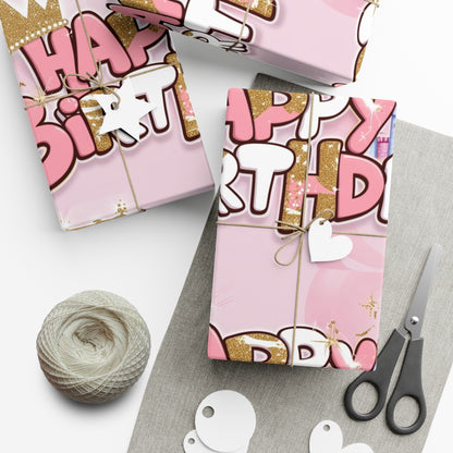 Gift Wrap Papers, Princess-Themed Happy Birthday Wrapping Paper, Pink and Gold Design, Glitter Effect, Castle Illustrations,