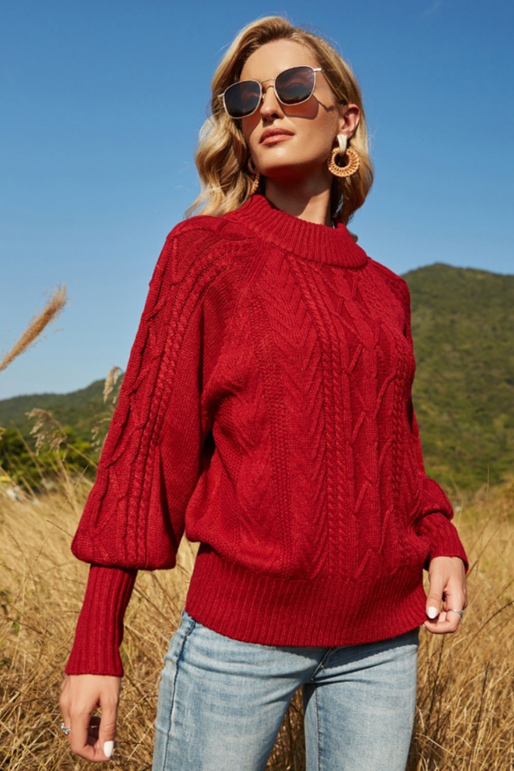 Ribbed Mock Neck Lantern Sleeve Sweater-VMA Specialties Boutique