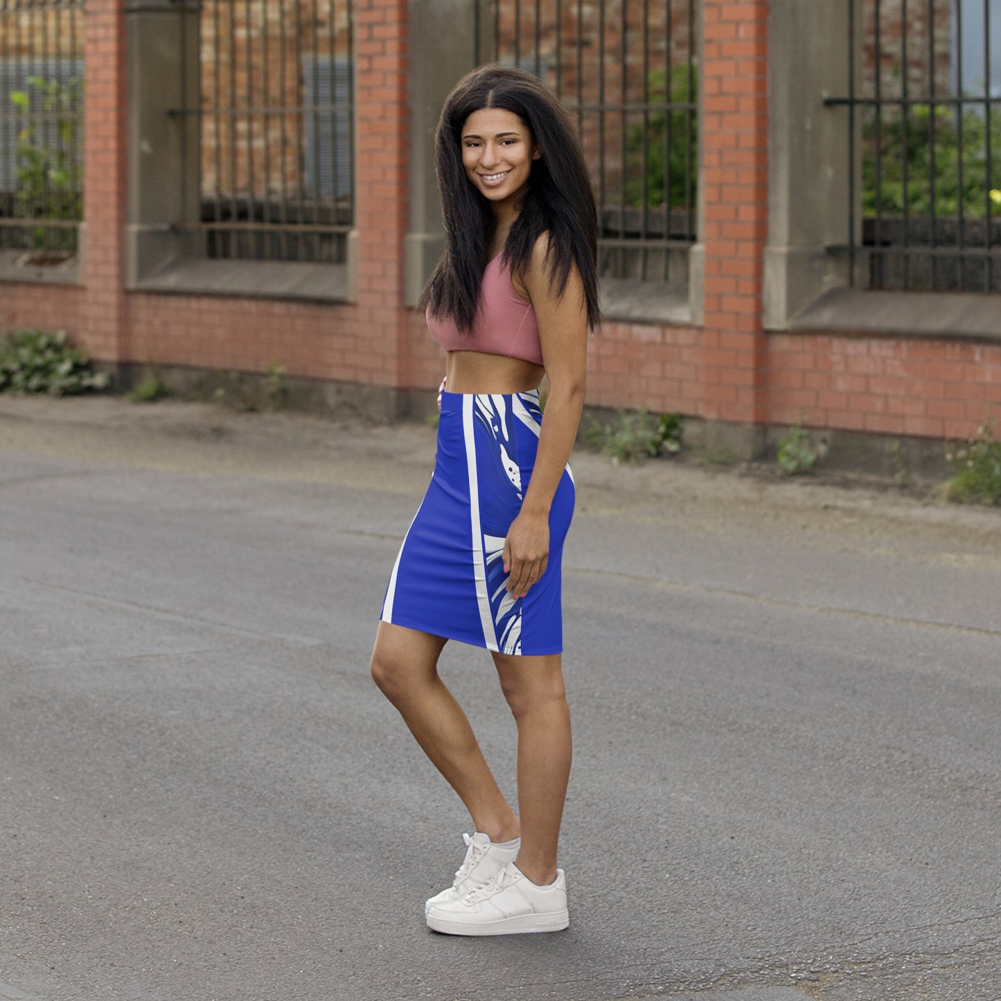 Royal Bue and White Women's Mid-Waist Pencil Skirt (AOP)