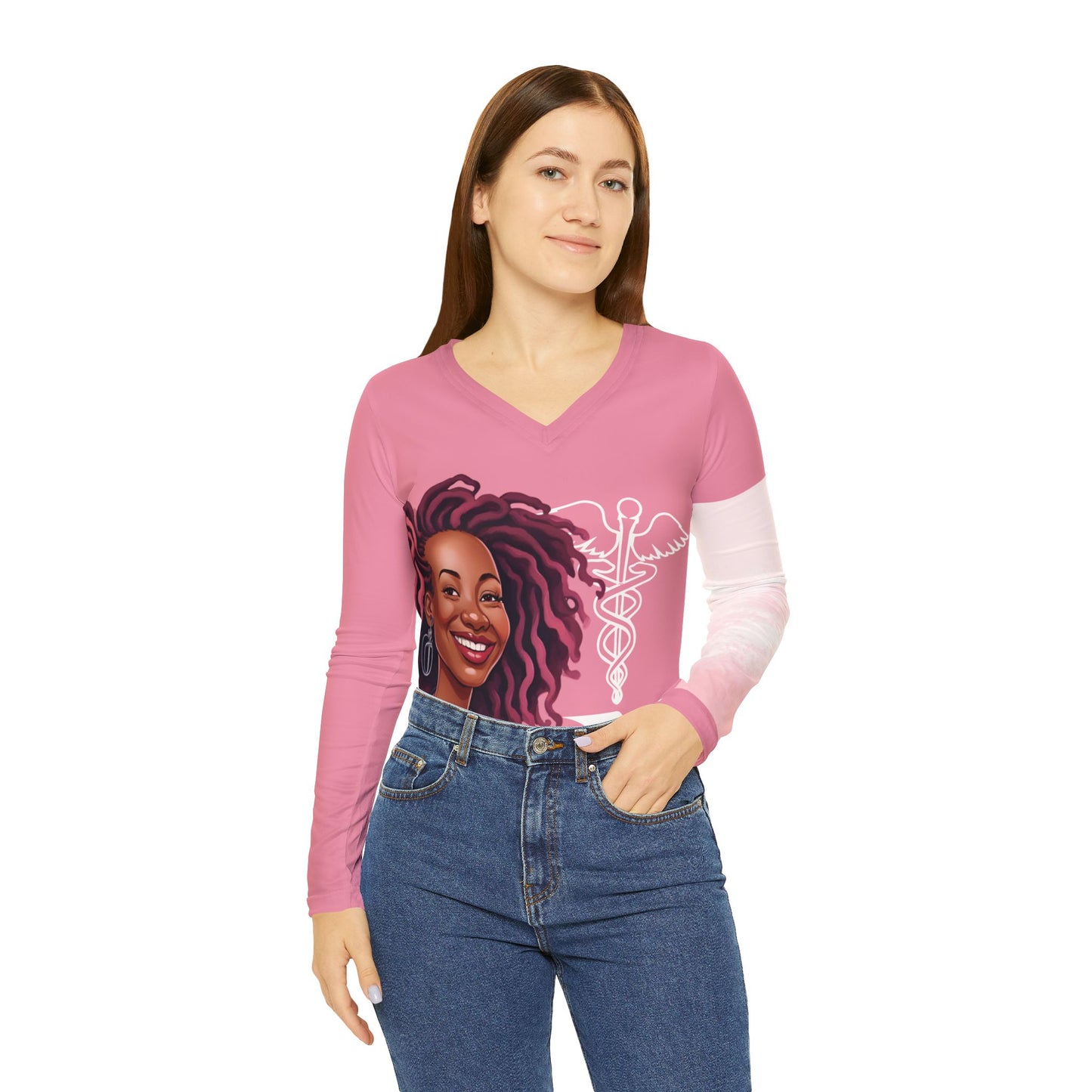 RN Women's Long Sleeve V-neck Shirt (AOP)
