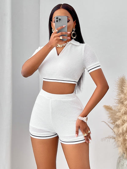 Waffle-Knit Collared Neck Cropped Top and Shorts Set-VMA Specialties Boutique