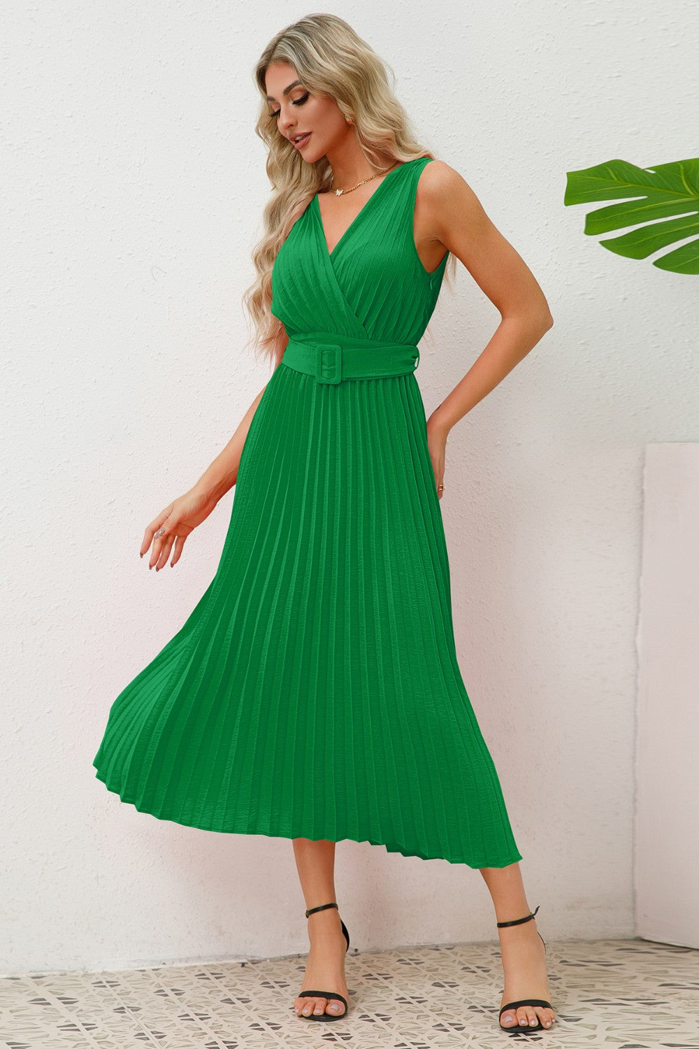 Surplice Sleeveless Midi Pleated Dress-VMA Specialties Boutique
