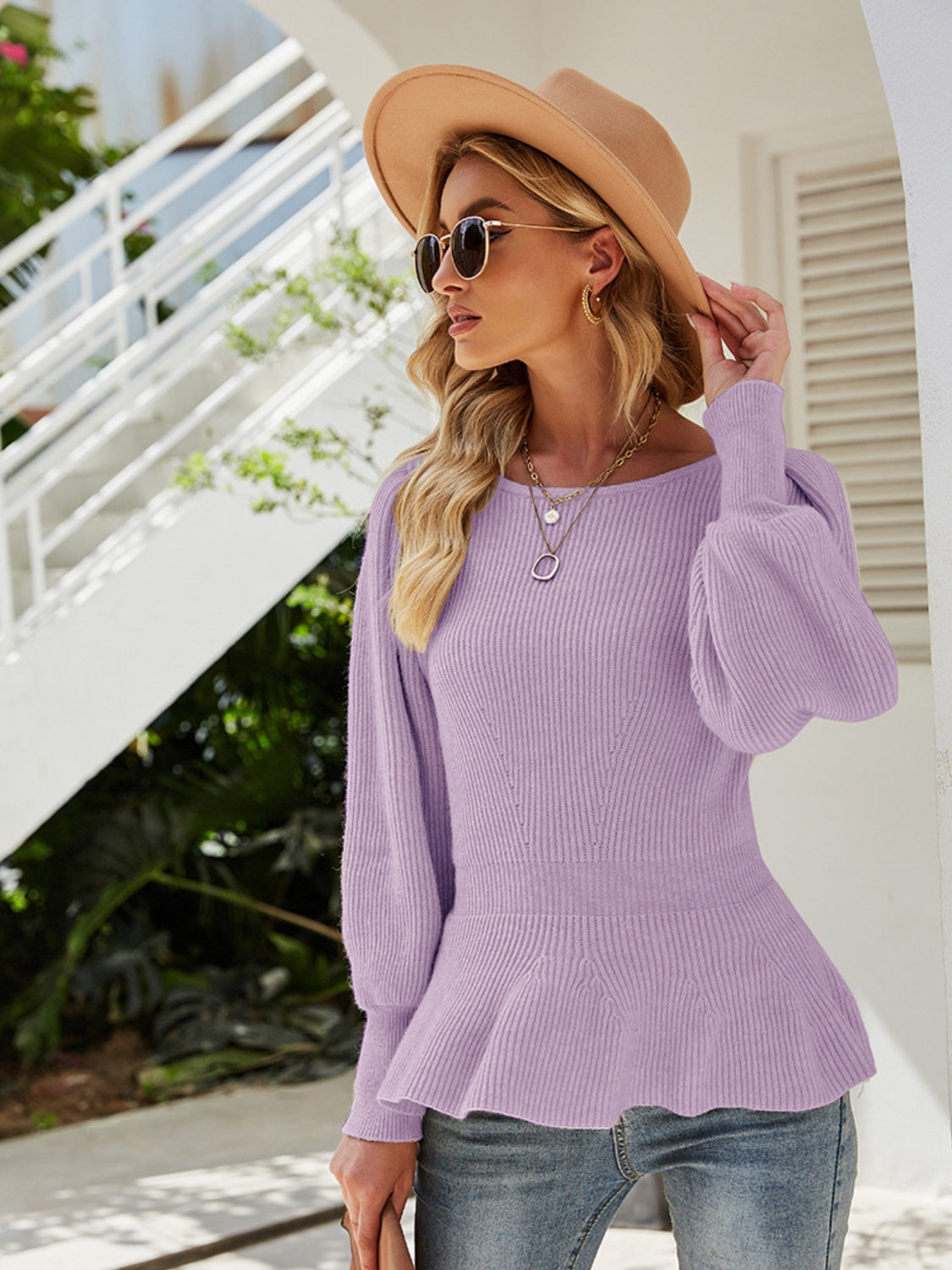 Ribbed Round Neck Lantern Sleeve Sweater-VMA Specialties Boutique
