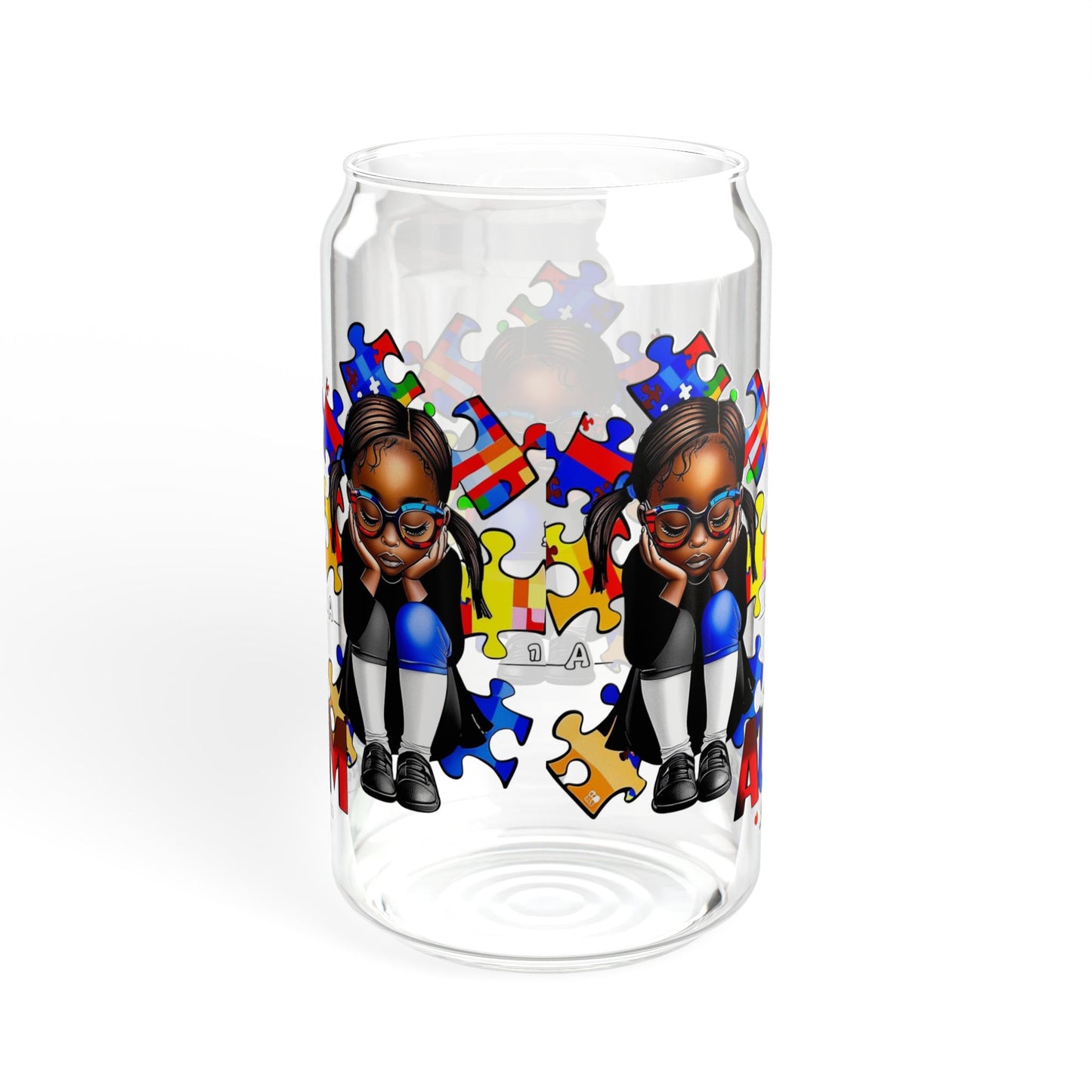 Sipper Glass, 16oz featuring Autism Awareness design - Black girl with puzzle pieces, Autistic Awareness gift, Puzzle pieces