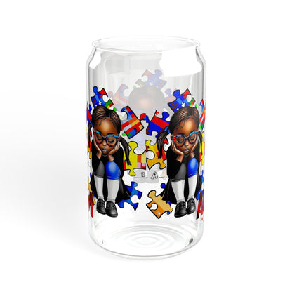 Sipper Glass, 16oz featuring Autism Awareness design - Black girl with puzzle pieces, Autistic Awareness gift, Puzzle pieces