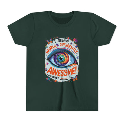 Autism Awareness Youth Tee, Eye Galaxy, Puzzle Pieces, Butterflies, Neurodiversity Shirt, Unique Perspective Clothing