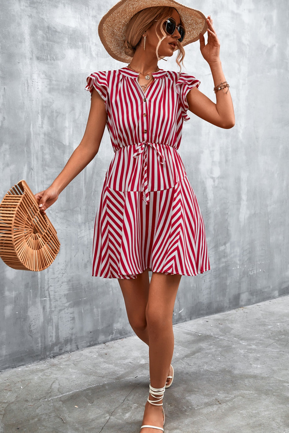 Ruffled Striped Cap Sleeve Mini Dress-VMA Specialties Boutique