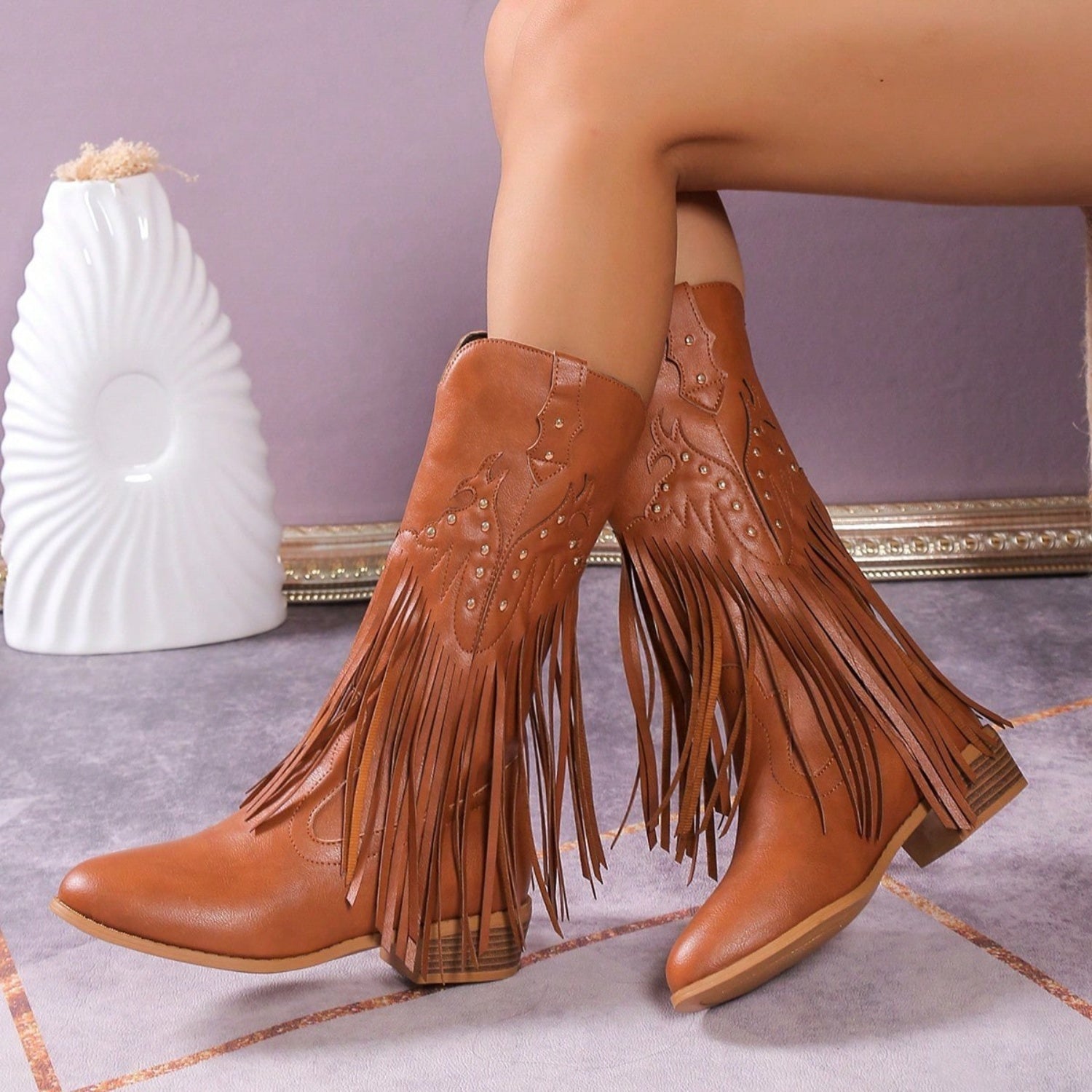Studded Fringe PU Leather Boots-VMA Specialties Boutique