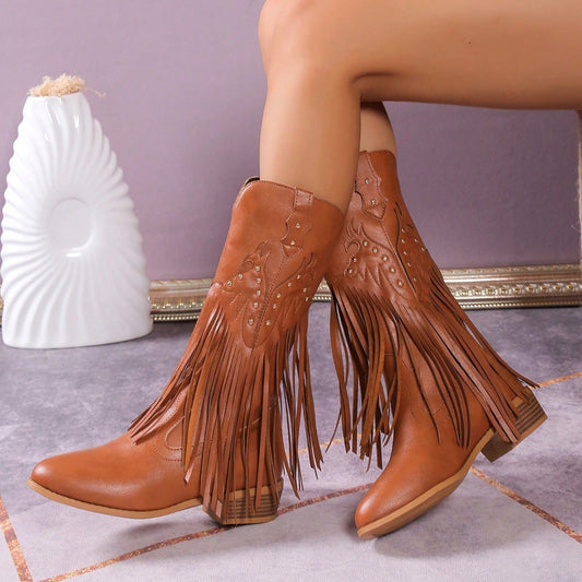 Studded Fringe PU Leather Boots-VMA Specialties Boutique