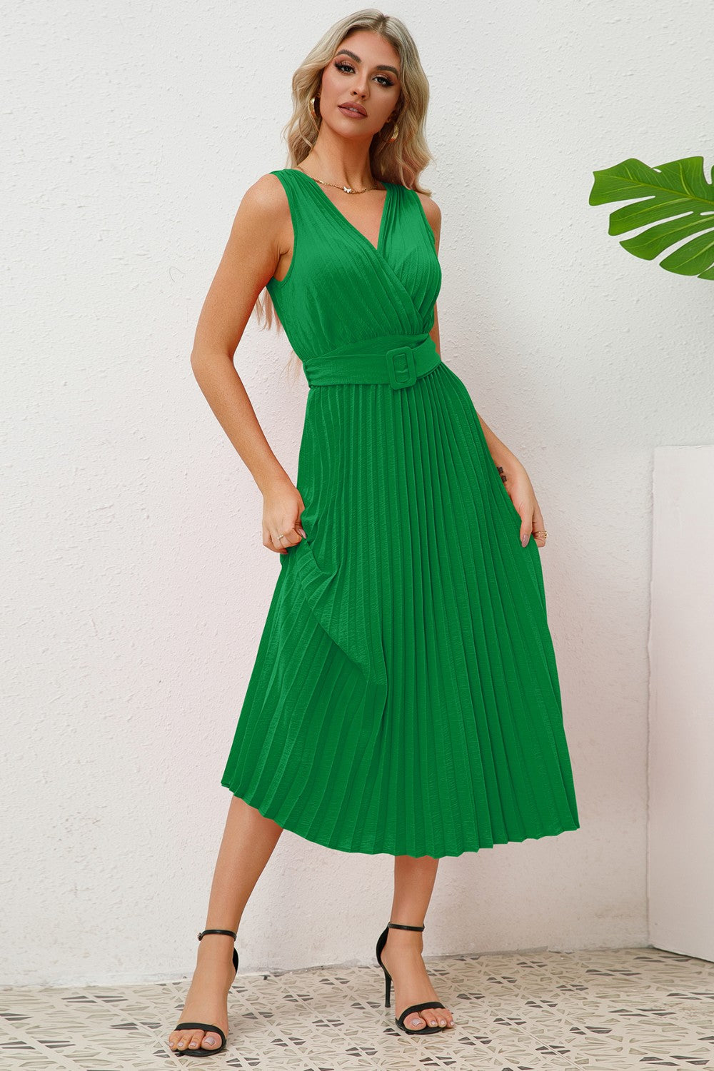 Surplice Sleeveless Midi Pleated Dress-VMA Specialties Boutique