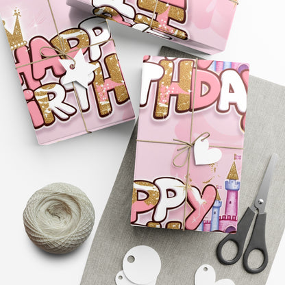 Gift Wrap Papers, Princess-Themed Happy Birthday Wrapping Paper, Pink and Gold Design, Glitter Effect, Castle Illustrations,
