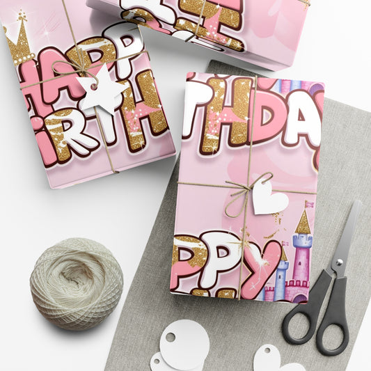 Gift Wrap Papers, Princess-Themed Happy Birthday Wrapping Paper, Pink and Gold Design, Glitter Effect, Castle Illustrations,