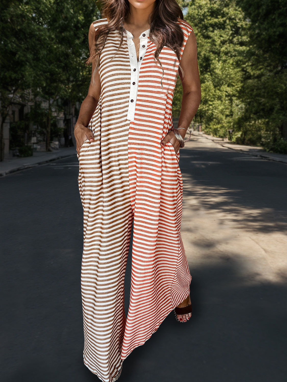Striped Half Button Cap Sleeve Jumpsuit-VMA Specialties Boutique