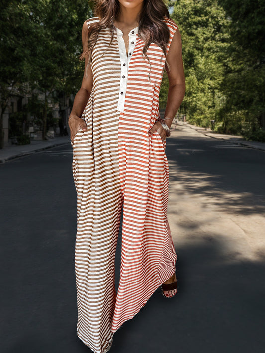 Striped Half Button Cap Sleeve Jumpsuit-VMA Specialties Boutique