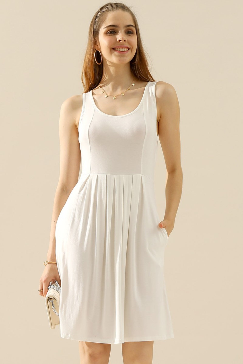 Doublju Full Size Round Neck Ruched Sleeveless Dress with Pockets-VMA Specialties Boutique