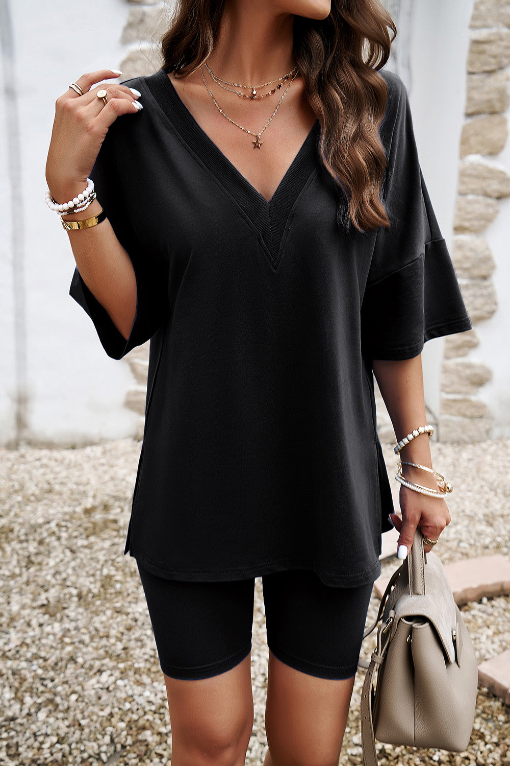 V-Neck Dropped Shoulder Top and Shorts Set-VMA Specialties Boutique