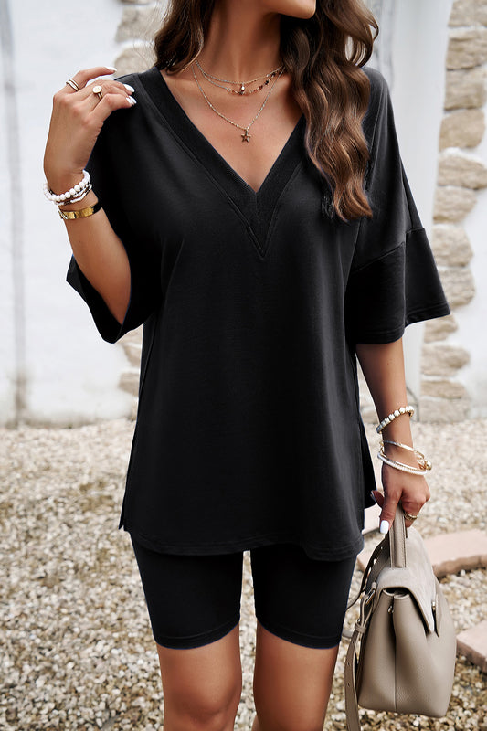 V-Neck Dropped Shoulder Top and Shorts Set-VMA Specialties Boutique