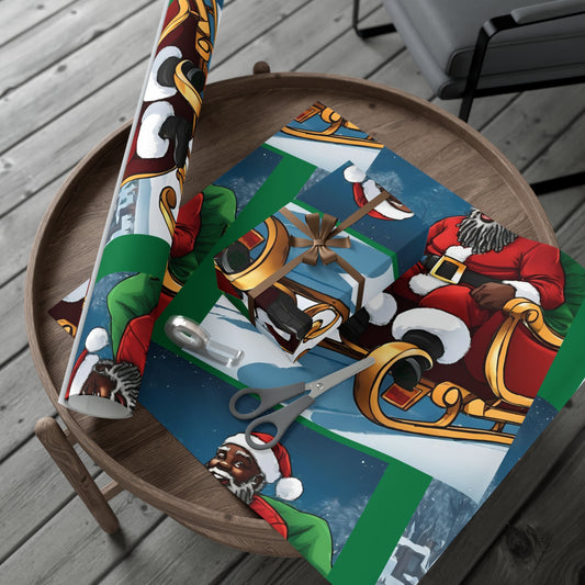 Gift Wrap-African American Inspired Santa on Sleigh