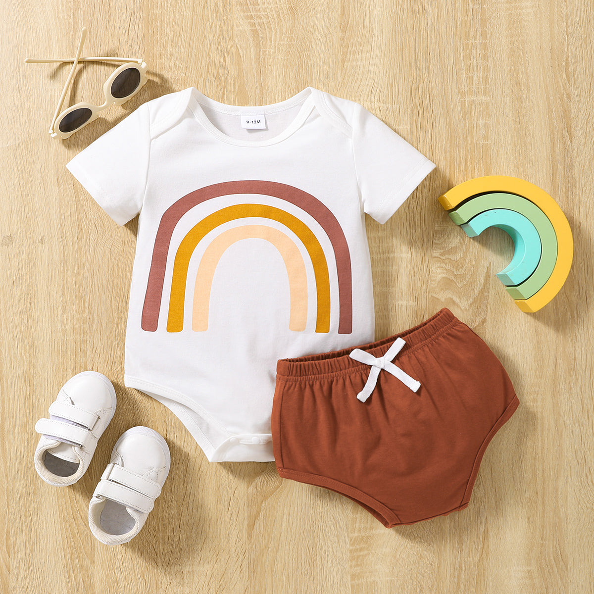 Round Neck Rainbow Shape Bodysuit and Shorts Set-VMA Specialties Boutique