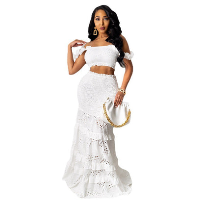 Women's Solid Color Two Piece Wrap Breast Fishtail Mid Waist Lace Dress
