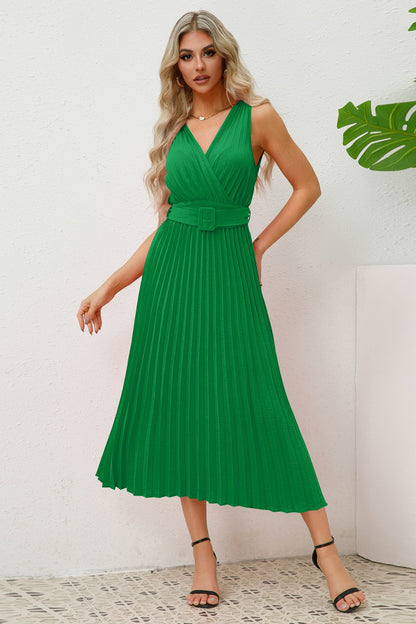 Surplice Sleeveless Midi Pleated Dress-VMA Specialties Boutique