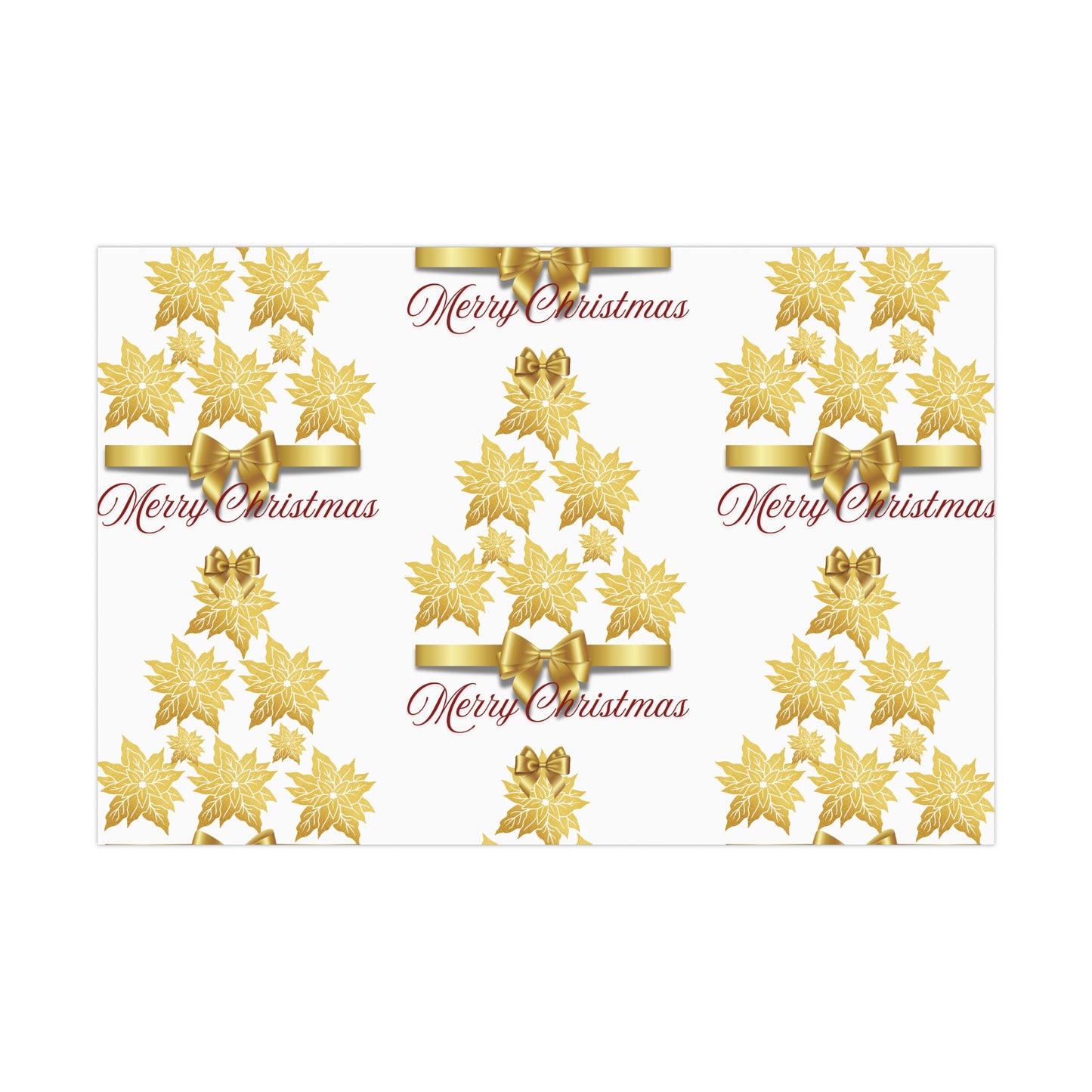 Wrapping Papers - Festive Golden Poinsettia Flowers Merry Christmas Gift Wrap Roll, Elegant White Gold Ribbon Accents,