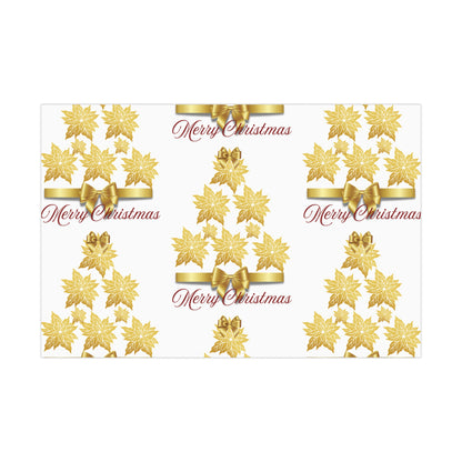 Wrapping Papers - Festive Golden Poinsettia Flowers Merry Christmas Gift Wrap Roll, Elegant White Gold Ribbon Accents,