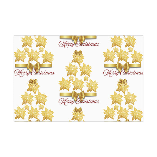 Wrapping Papers - Festive Golden Poinsettia Flowers Merry Christmas Gift Wrap Roll, Elegant White Gold Ribbon Accents,