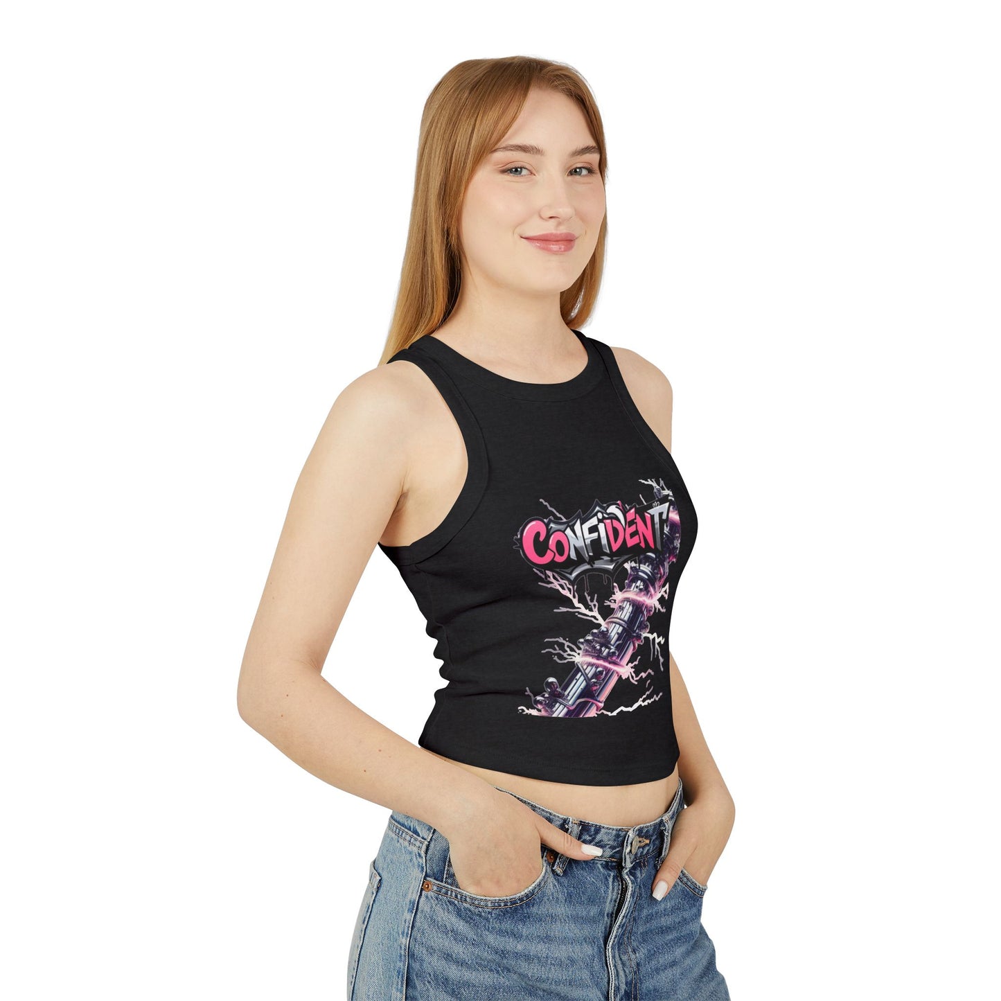 Racer Tank Top, 'CONFIDENT' Graphic Design, Edgy & Empowering Top, Casual Outings, Layering, Women's Tee, Graffiti Style