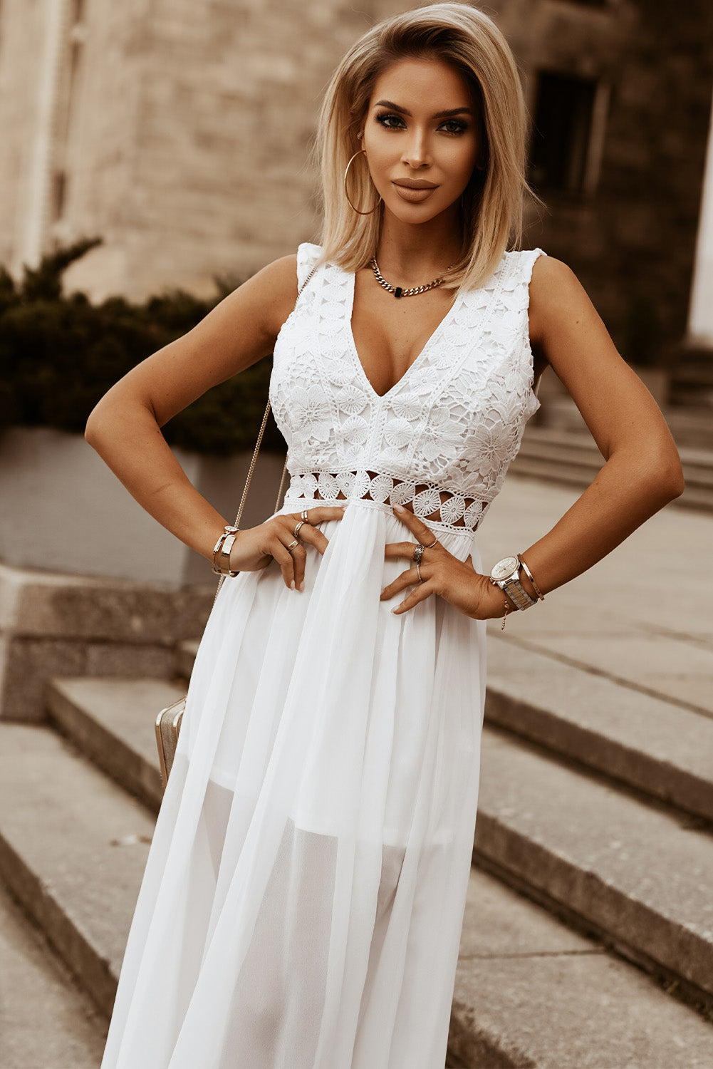 Slit Lace Detail V-Neck Dress-VMA Specialties Boutique