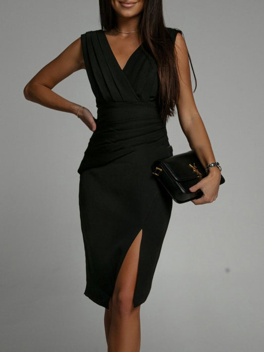 Slit Ruched Surplice Tank Dress-VMA Specialties Boutique