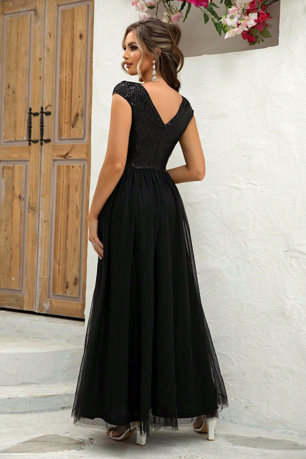 Sequin V-Neck Mesh Maxi Dress-VMA Specialties Boutique