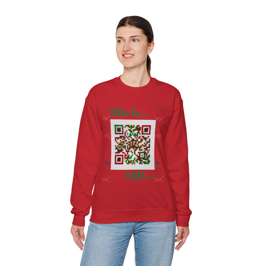 Ugly Christmas Sweater Sweatshirt with QR Code, Festive Holiday Jumper, Red Winter Pullover, Unisex Xmas Top, Knit Pattern Ugly Jumper,
