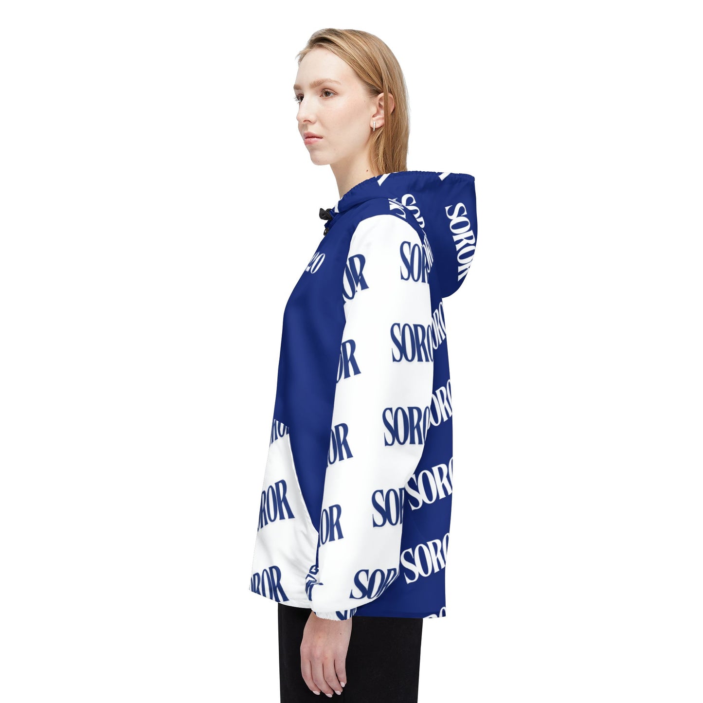 Windbreaker Jacket, Zeta Sorority -Soror Soror Graffiti, White Royal Blue, College Fashion Coat, Greek Life Outerwear