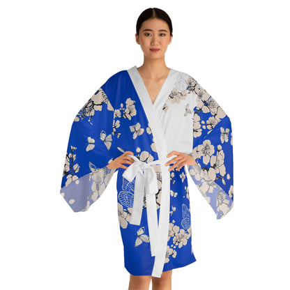 Blue & White Kimono Robe - Cherry Blossom Trees and Butterflies Design