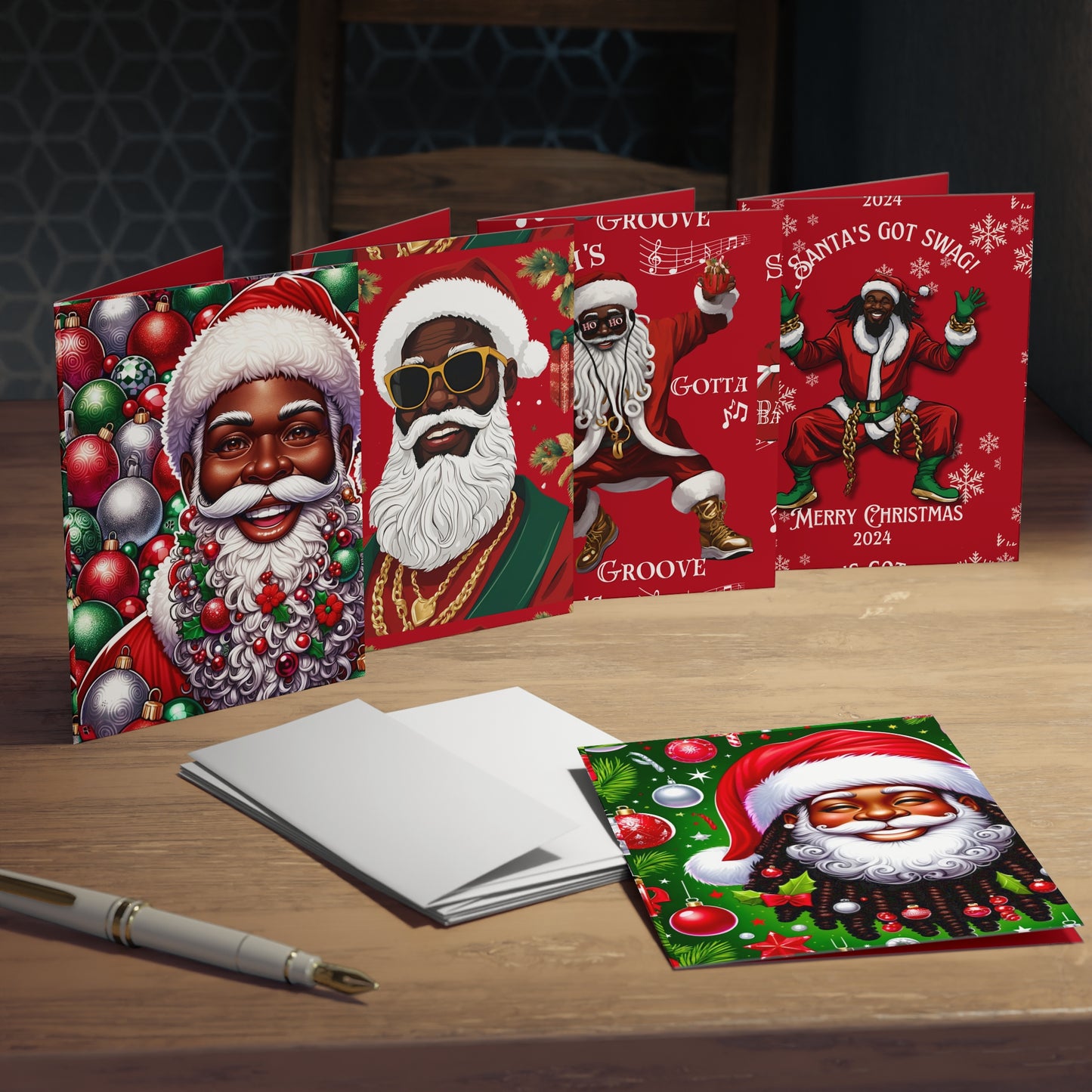 Greeting Card Pack, African American Santa Holiday Cards - Festive Joy, Blank Inside, Set of 5, Culturally Inspired, Vibrant