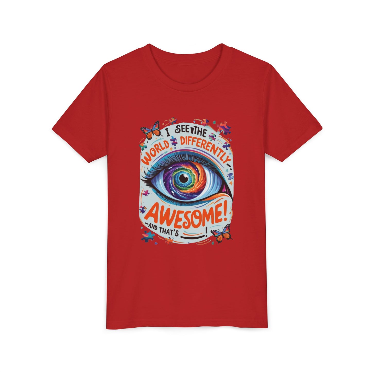Autism Awareness Youth Tee, Eye Galaxy, Puzzle Pieces, Butterflies, Neurodiversity Shirt, Unique Perspective Clothing