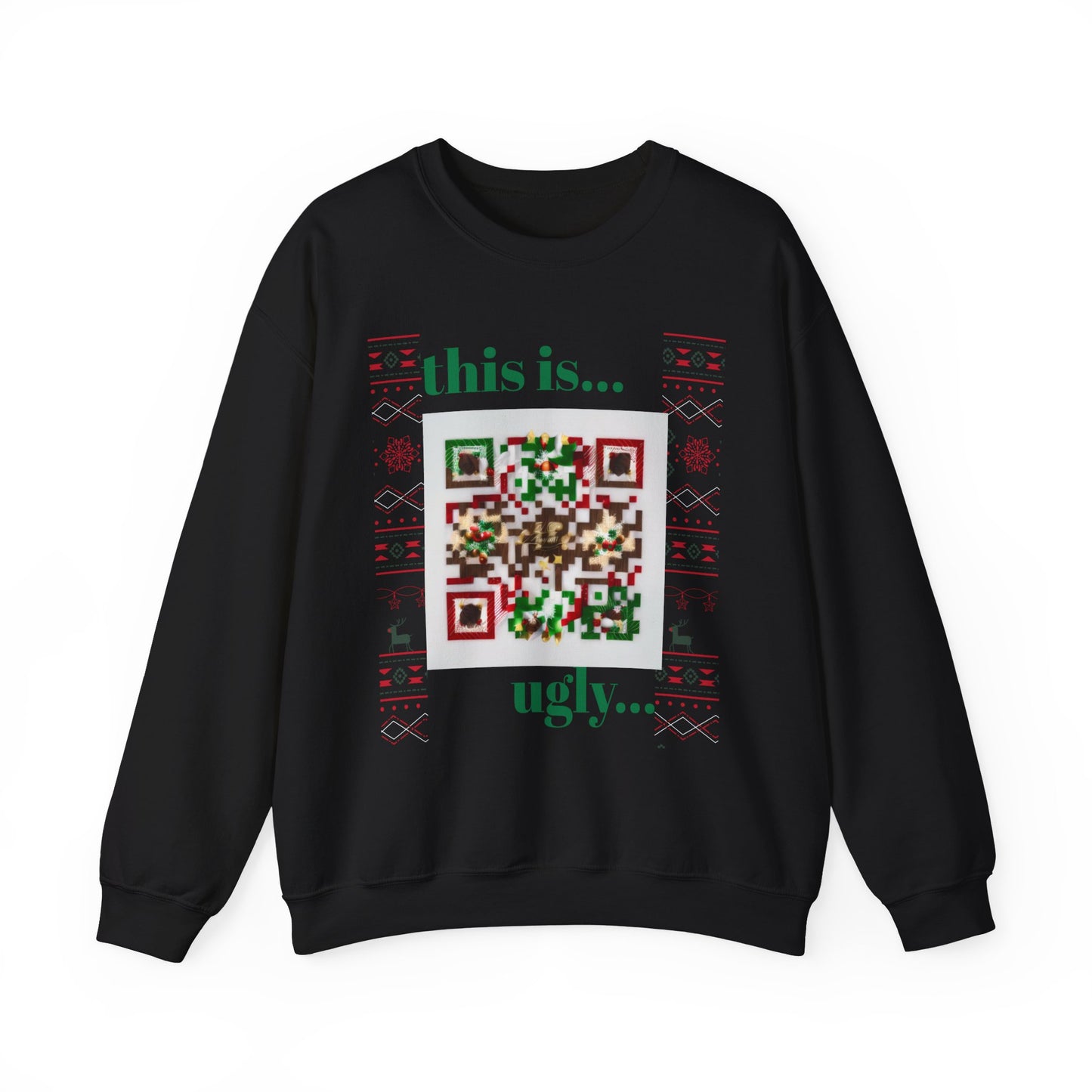 Ugly Christmas Sweater Sweatshirt with QR Code, Festive Holiday Jumper, Red Winter Pullover, Unisex Xmas Top, Knit Pattern Ugly Jumper,