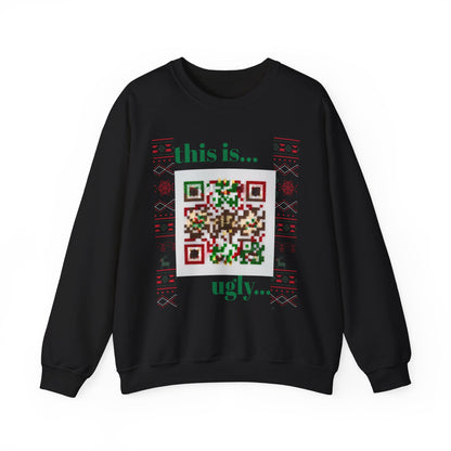 Ugly Christmas Sweater Sweatshirt with QR Code, Festive Holiday Jumper, Red Winter Pullover, Unisex Xmas Top, Knit Pattern Ugly Jumper,