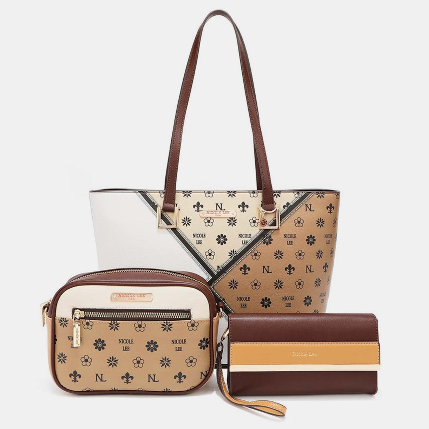 Nicole Lee USA 3-Piece Color Block Handbag Set-Tan