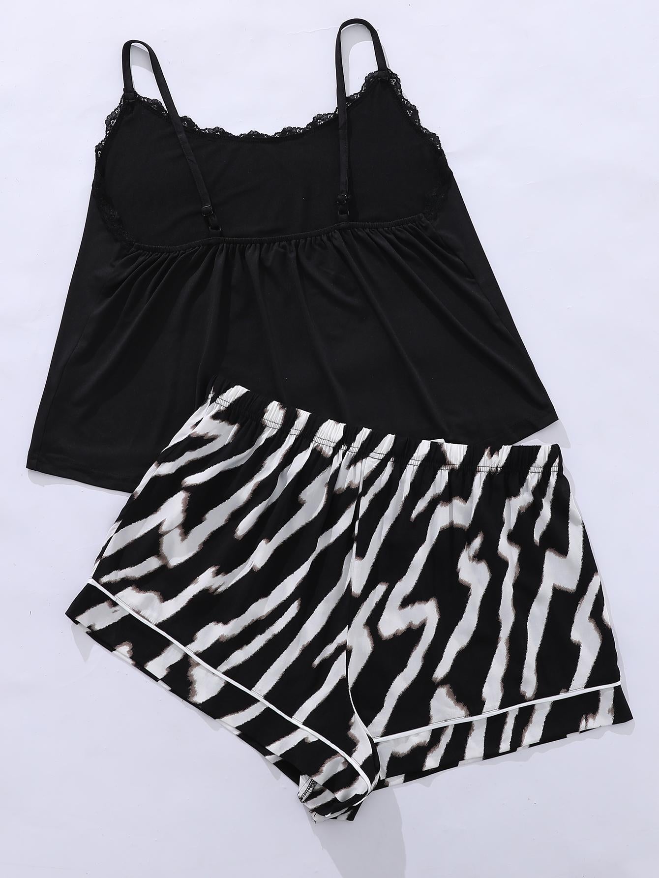 Plus Size Lace Trim Scoop Neck Cami and Printed Shorts Pajama Set-VMA Specialties Boutique