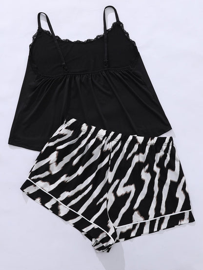 Plus Size Lace Trim Scoop Neck Cami and Printed Shorts Pajama Set-VMA Specialties Boutique