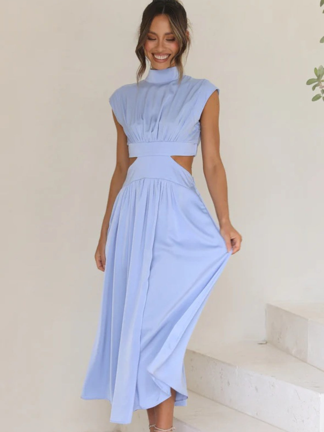 Cutout Mock Neck Sleeveless Ruched Dress-VMA Specialties Boutique