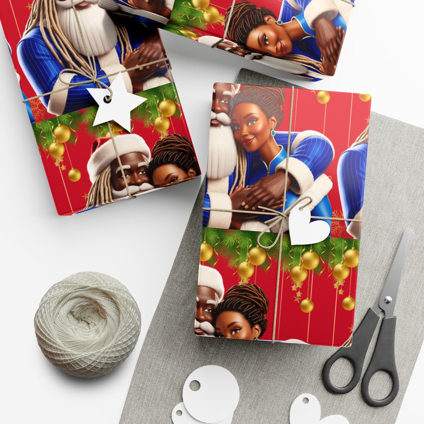Wrapping Paper Black Santa and Mrs Hint of Ble