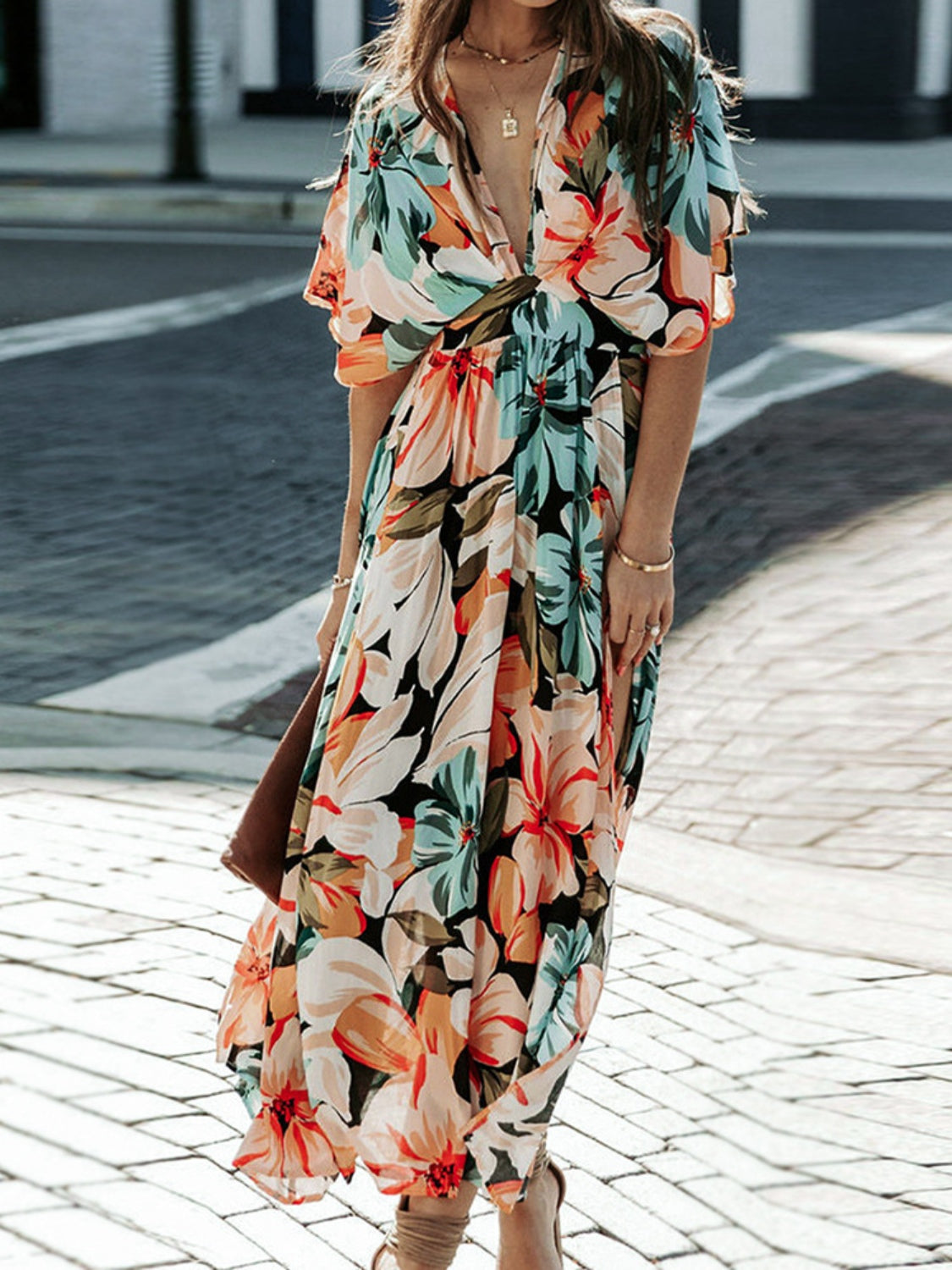 Floral Plunge Half Sleeve Dress-VMA Specialties Boutique