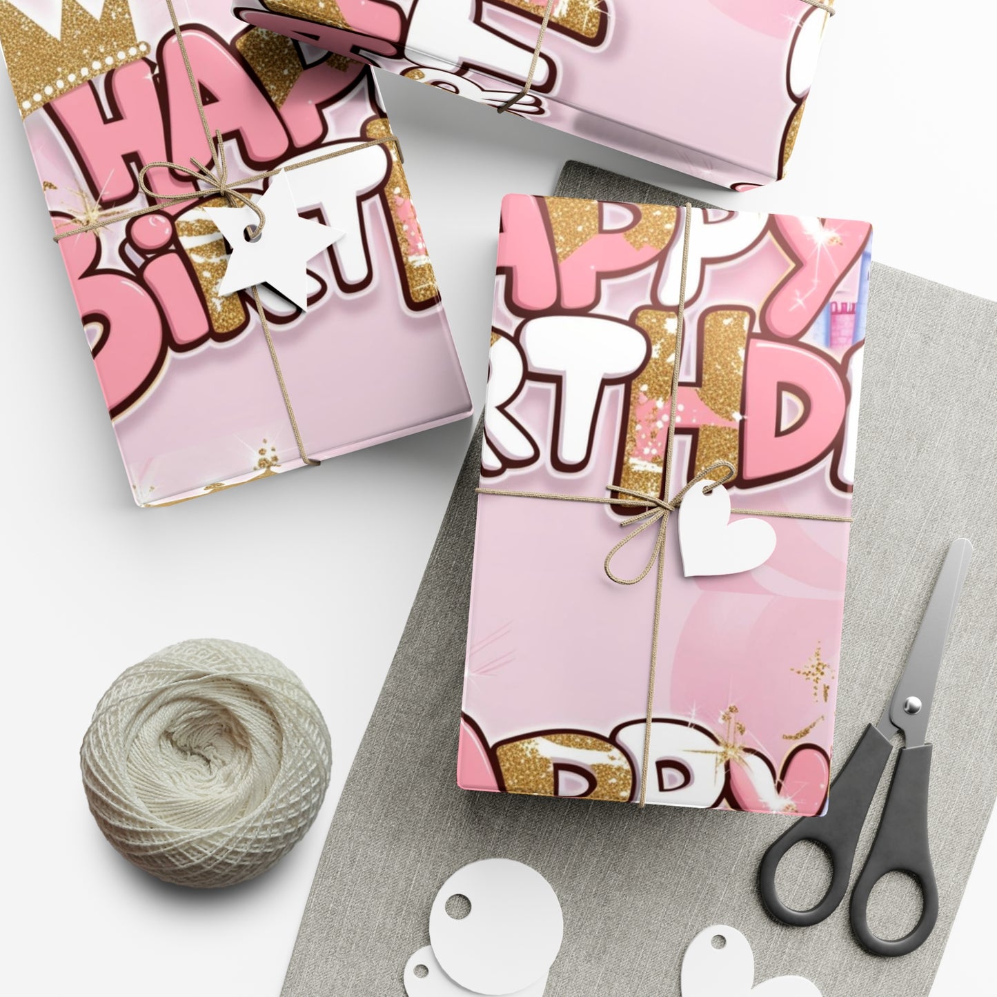 Gift Wrap Papers, Princess-Themed Happy Birthday Wrapping Paper, Pink and Gold Design, Glitter Effect, Castle Illustrations,