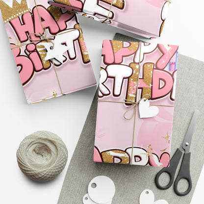 Gift Wrap Papers, Princess-Themed Happy Birthday Wrapping Paper, Pink and Gold Design, Glitter Effect, Castle Illustrations,