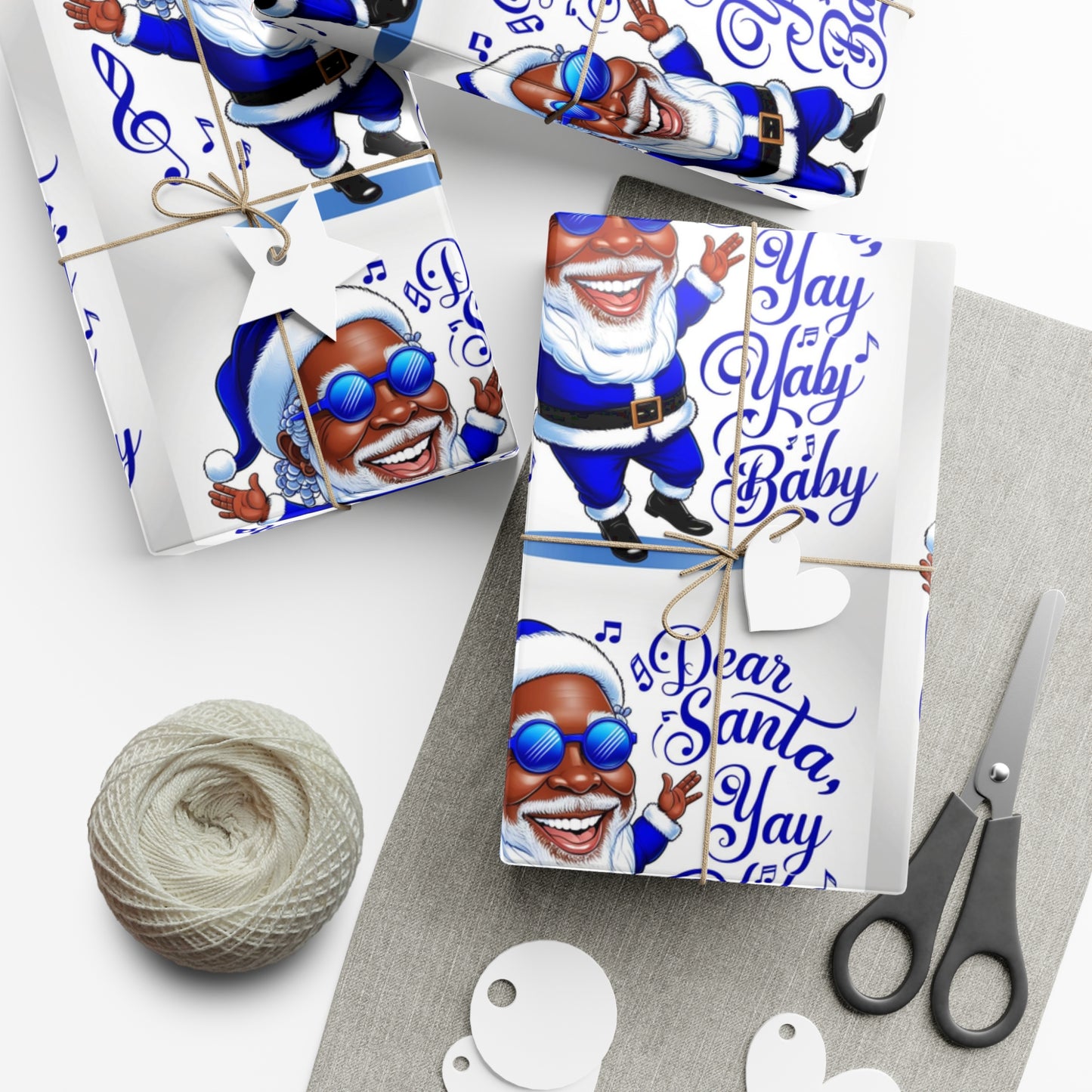 Gift Wrap Papers - Dear Santa African American Santa Yay baby Royal blue and white