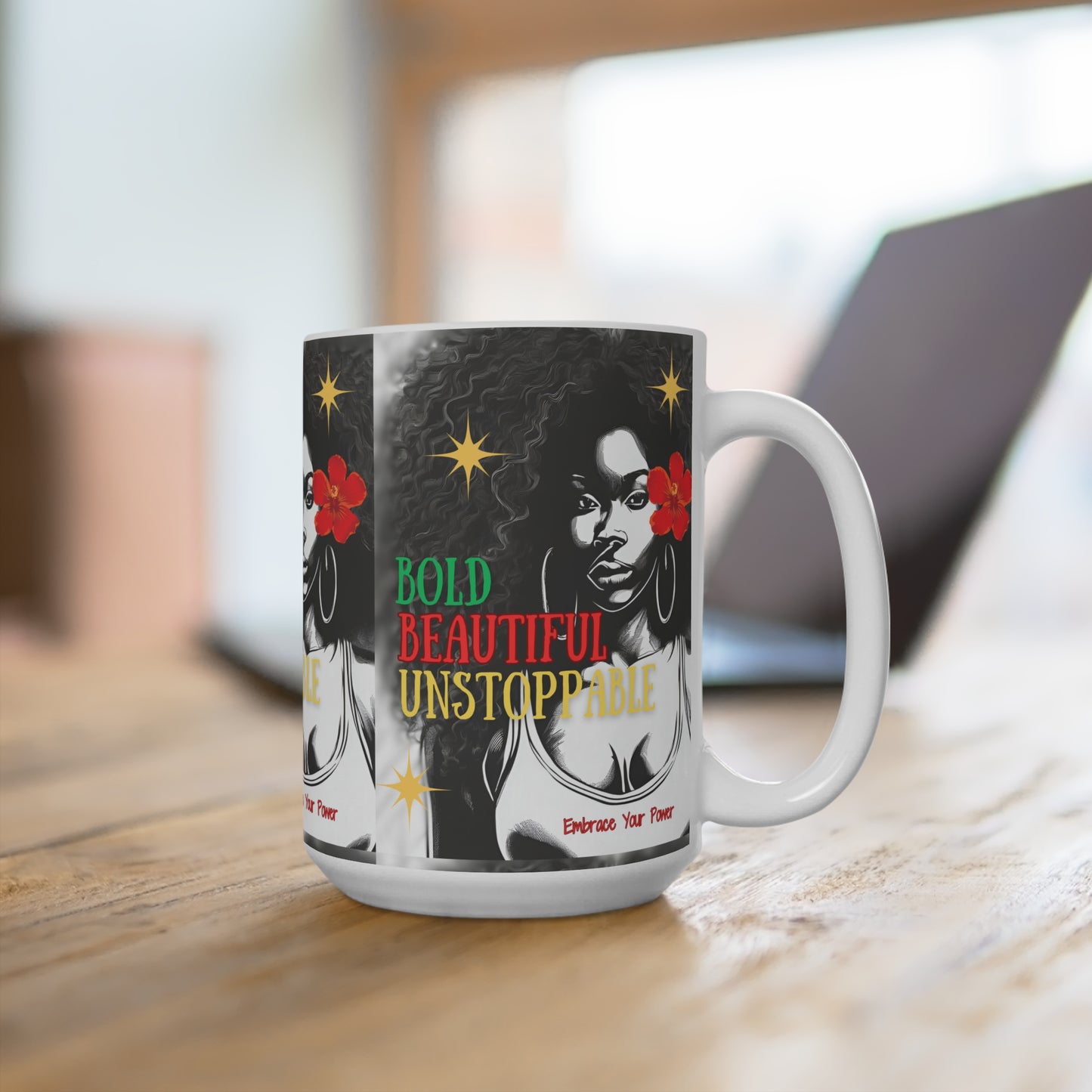 Bold Beautiful Unstoppable Empower She RED Black Gold Colors Mug